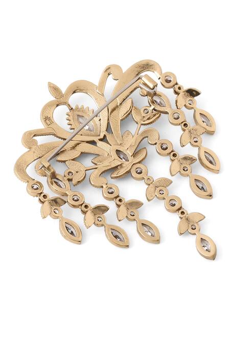 Cosa Nostraa_Gold Crystals Victorian Studded Dangle Brooch _at_Aza_Fashions