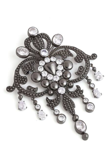 Buy_Cosa Nostraa_Grey Crystals, Tassels Victorian Studded Vogue Brooch _Online_at_Aza_Fashions