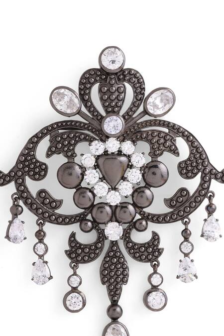 Shop_Cosa Nostraa_Grey Crystals, Tassels Victorian Studded Vogue Brooch _Online_at_Aza_Fashions