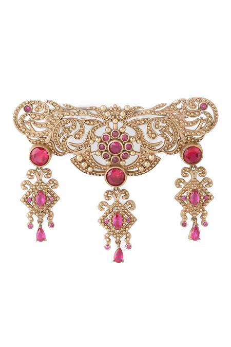 Shop_Cosa Nostraa_Gold Crystals, Rhinestones Studded Tassel Symphony Brooch _Online_at_Aza_Fashions