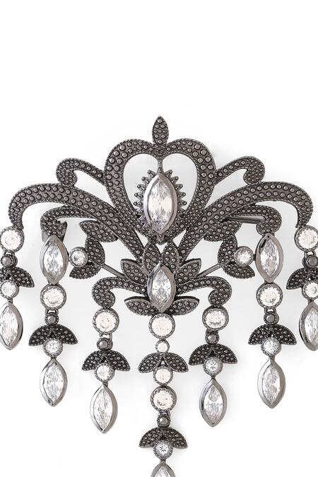 Shop_Cosa Nostraa_Grey Crystals Victorian Dangle Brooch _Online_at_Aza_Fashions