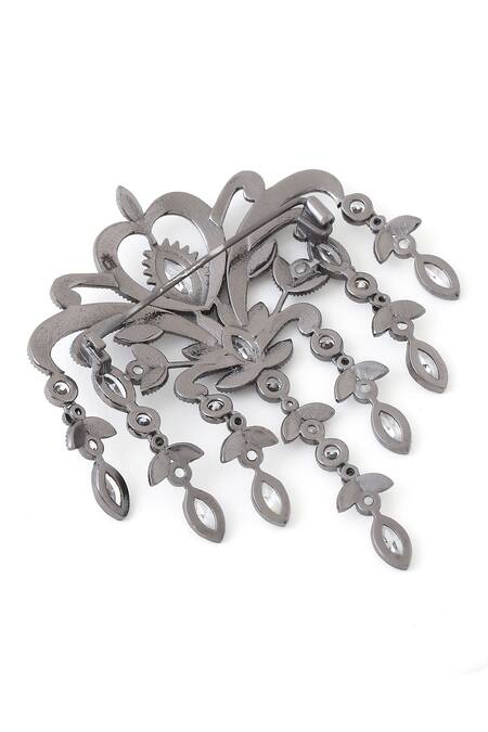 Cosa Nostraa_Grey Crystals Victorian Dangle Brooch _at_Aza_Fashions