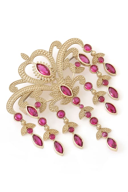 Buy_Cosa Nostraa_Gold Crystals Victorian Dangle Embellished Brooch _Online_at_Aza_Fashions