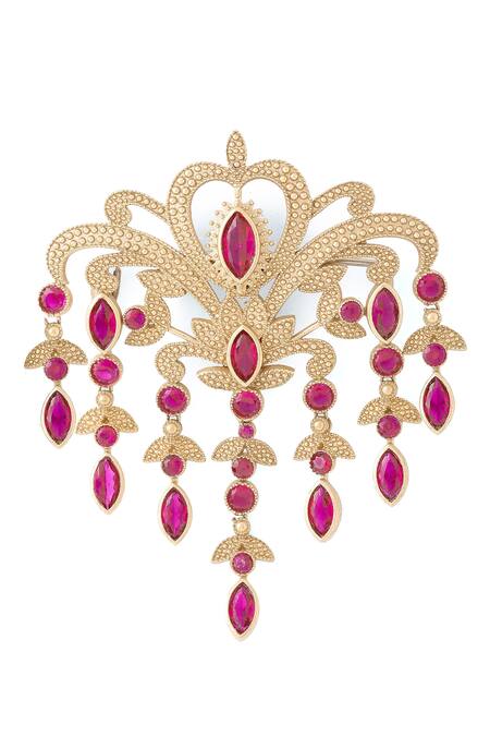 Shop_Cosa Nostraa_Gold Crystals Victorian Dangle Embellished Brooch _Online_at_Aza_Fashions