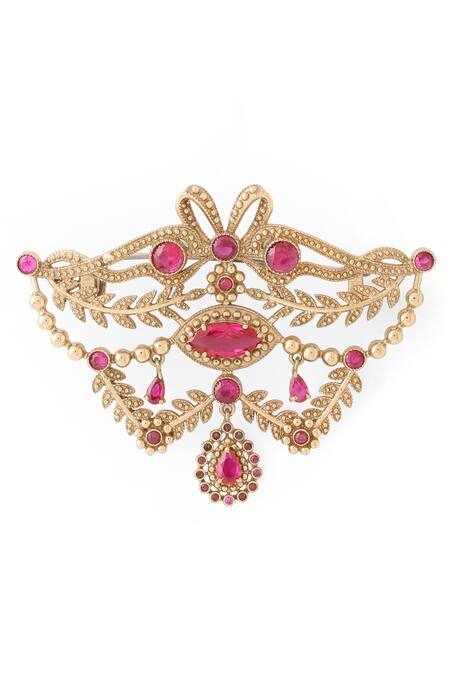 Shop_Cosa Nostraa_Gold Crystals Fleur Muse Brooch _Online_at_Aza_Fashions