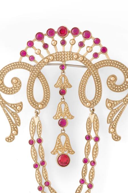 Cosa Nostraa_Gold Crystals Victorian Tales Embellished Brooch _at_Aza_Fashions