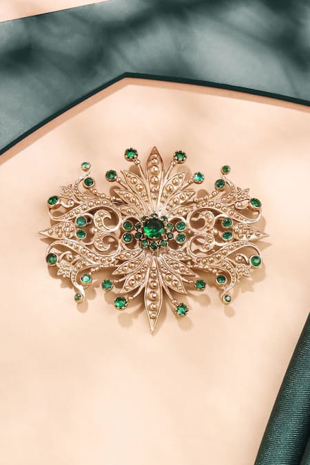 Shop_Cosa Nostraa_Gold Crystals Rustic Reflection Brooch _at_Aza_Fashions