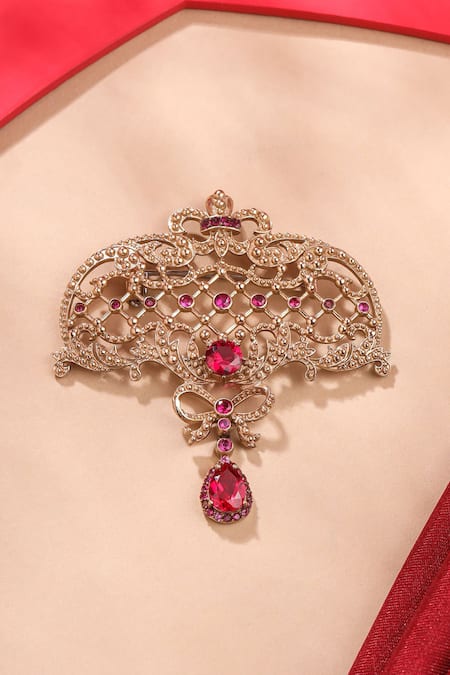 Shop_Cosa Nostraa_Gold Crystals, Stones Bow And Beauty Brooch _at_Aza_Fashions