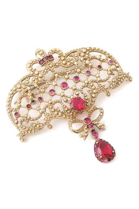Buy_Cosa Nostraa_Gold Crystals, Stones Bow And Beauty Brooch _Online_at_Aza_Fashions