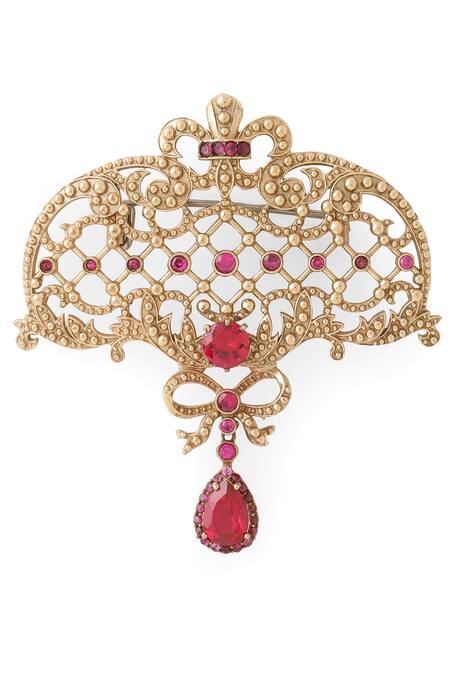 Shop_Cosa Nostraa_Gold Crystals, Stones Bow And Beauty Brooch _Online_at_Aza_Fashions