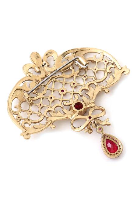 Cosa Nostraa_Gold Crystals, Stones Bow And Beauty Brooch _at_Aza_Fashions