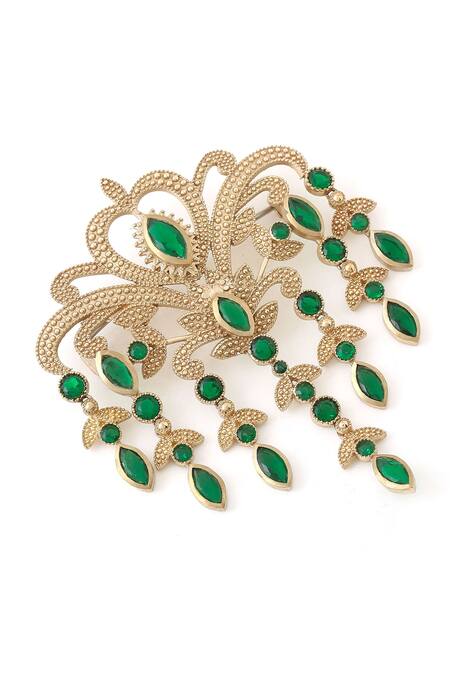 Buy_Cosa Nostraa_Gold Crystals, Tassels Victorian Embellished Dangle Brooch _Online_at_Aza_Fashions