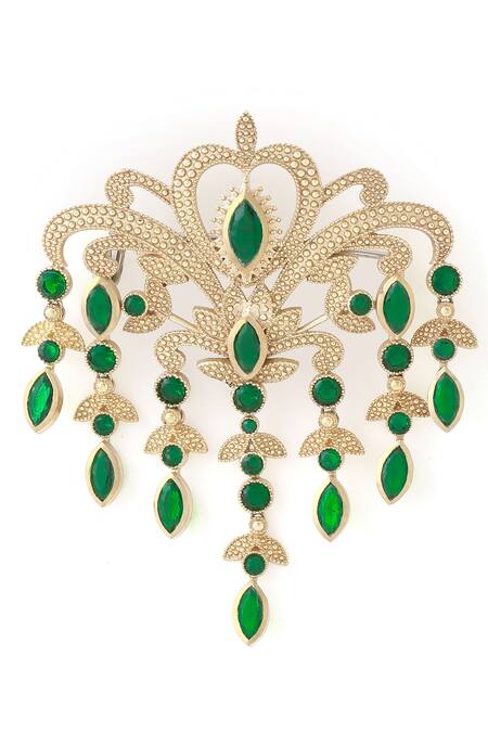 Shop_Cosa Nostraa_Gold Crystals, Tassels Victorian Embellished Dangle Brooch _Online_at_Aza_Fashions