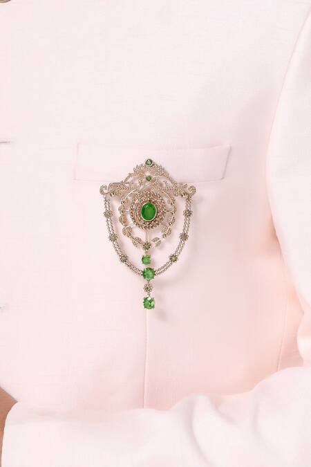 Cosa Nostraa_Gold Crystals Studded Shield Tassel Brooch _Online_at_Aza_Fashions