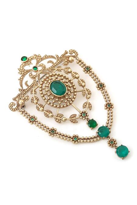 Buy_Cosa Nostraa_Gold Crystals Studded Shield Tassel Brooch _Online_at_Aza_Fashions