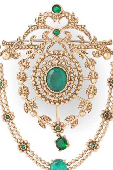 Shop_Cosa Nostraa_Gold Crystals Studded Shield Tassel Brooch _Online_at_Aza_Fashions