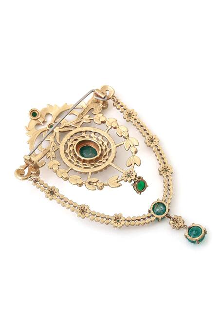 Cosa Nostraa_Gold Crystals Studded Shield Tassel Brooch _at_Aza_Fashions