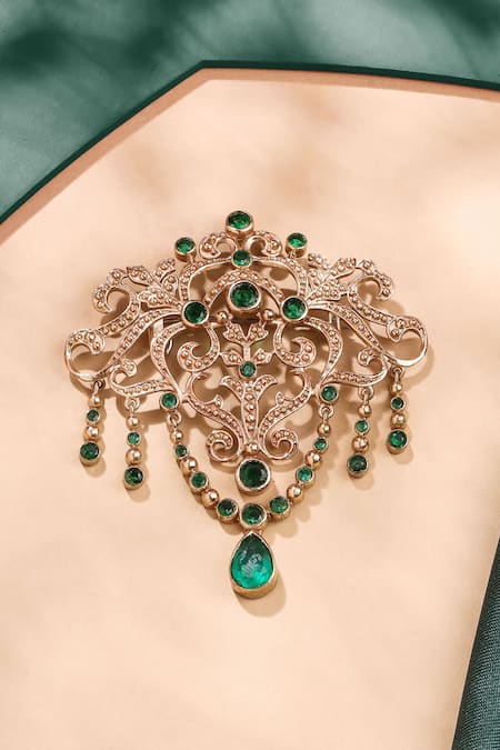 Shop_Cosa Nostraa_Gold Crystals Studded Glitz Tassel Brooch _at_Aza_Fashions