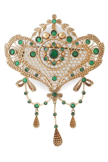 Shop_Cosa Nostraa_Gold Crystals, Rhinestones Intricate Delight Brooch _Online_at_Aza_Fashions