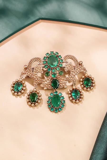 Shop_Cosa Nostraa_Gold Cut Work, Stones Magnificent Stud Embellished Brooch _at_Aza_Fashions