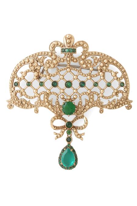 Shop_Cosa Nostraa_Gold Crystals, Tassels Bow And Beauty Embellished Brooch _Online_at_Aza_Fashions