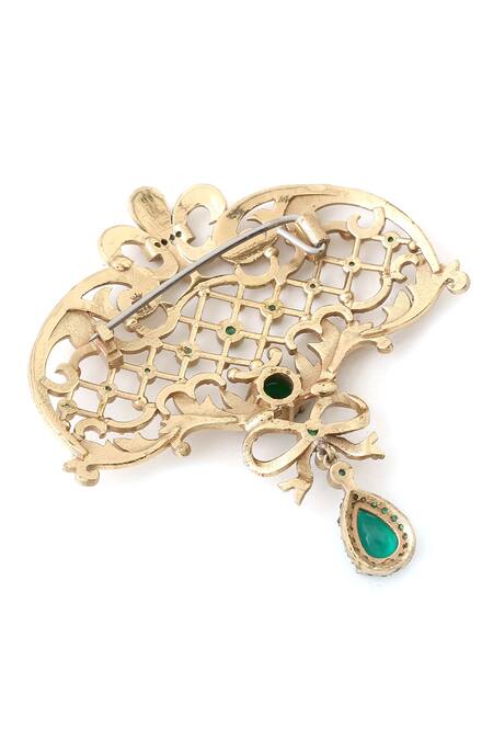 Cosa Nostraa_Gold Crystals, Tassels Bow And Beauty Embellished Brooch _at_Aza_Fashions