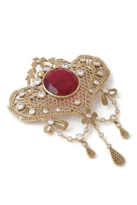 Shop_Cosa Nostraa_Gold Crystals Latticed Heart Marvel Studded Brooch _Online_at_Aza_Fashions