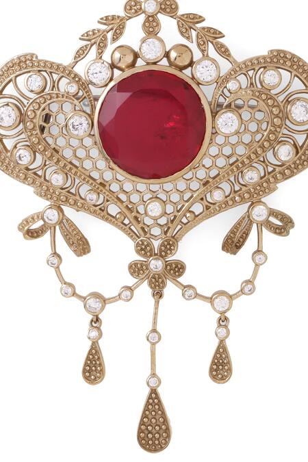 Cosa Nostraa_Gold Crystals Latticed Heart Marvel Studded Brooch _at_Aza_Fashions