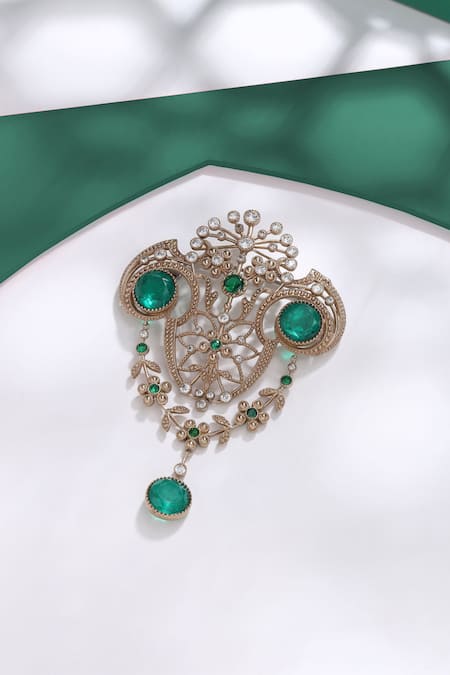 Shop_Cosa Nostraa_Gold Crystals, Stones Royal Sheen Studded Brooch _at_Aza_Fashions