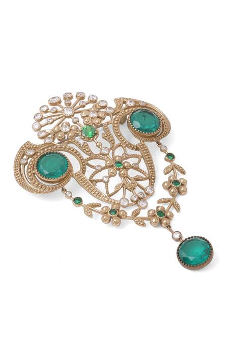 Shop_Cosa Nostraa_Gold Crystals, Stones Royal Sheen Studded Brooch _Online_at_Aza_Fashions