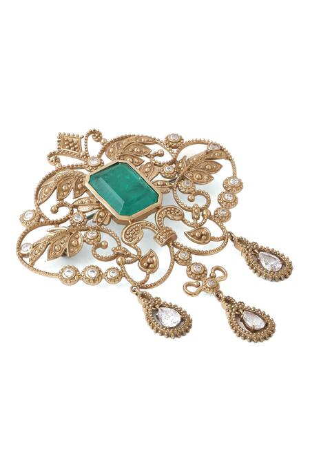 Shop_Cosa Nostraa_Gold Crystals, Stones Intricate Wonder Studded Brooch _Online_at_Aza_Fashions