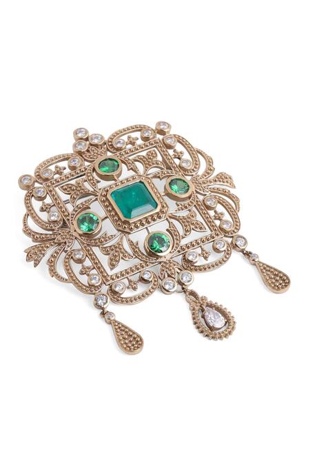 Shop_Cosa Nostraa_Gold Crystals, Stones Royal Rustic Florence Studded Brooch _Online_at_Aza_Fashions