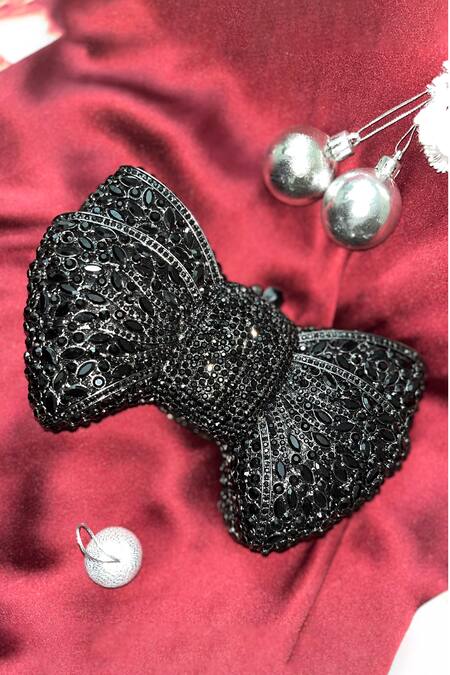 House Of Bling_Black Crystals Bow Embellished Bag_Online_at_Aza_Fashions