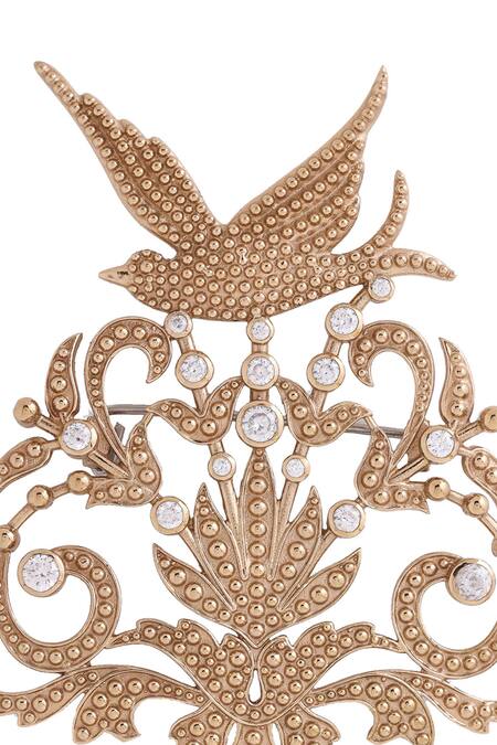 Buy_Cosa Nostraa_Gold Crystals Flora And Flight Studded Brooch 
