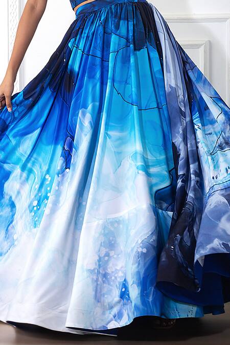 Buy_Harshita Singhvi_Blue Crepe, Linen Embroidery, Sequins Open Neck Printed Tube Top And Skirt Set_Online_at_Aza_Fashions