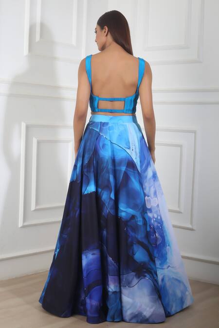 Shop Harshita Singhvi Blue Crepe Sequins V-neck Printed Skirt With Ruched Crop Top at Aza Fashions Shop_Harshita Singhvi_Blue Crepe Sequins V-neck Printed Skirt With Ruched Crop Top_at_Aza_Fashions