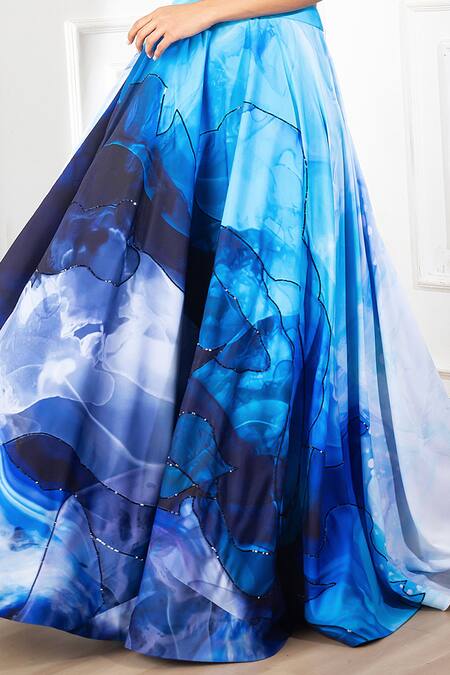 Harshita Singhvi Blue Crepe Sequins V-neck Printed Skirt With Ruched Crop Top Online at Aza Fashions Harshita Singhvi_Blue Crepe Sequins V-neck Printed Skirt With Ruched Crop Top_Online_at_Aza_Fashions