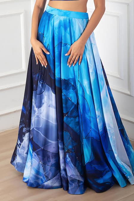 Harshita Singhvi_Blue Crepe, Linen Sequins Sweetheart Neck Printed Bralette And Skirt Set_Online_at_Aza_Fashions