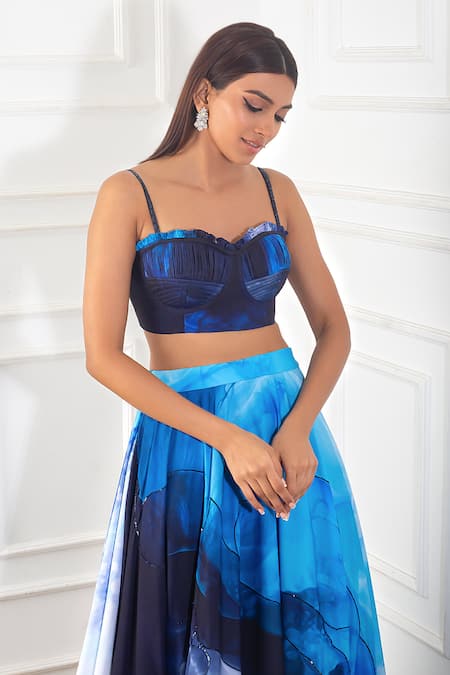 Buy_Harshita Singhvi_Blue Crepe, Linen Sequins Sweetheart Neck Printed Bralette And Skirt Set_Online_at_Aza_Fashions