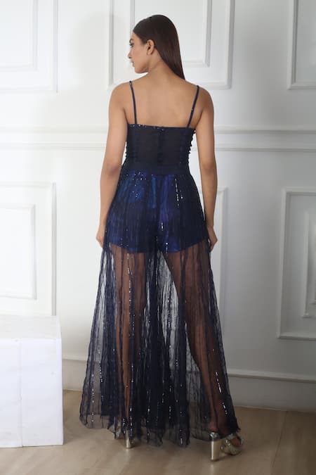 Shop_Harshita Singhvi_Blue Lycra, Crepe, Net Sequins, Embroidery Sweetheart Hand Corset Palazzo Set _at_Aza_Fashions