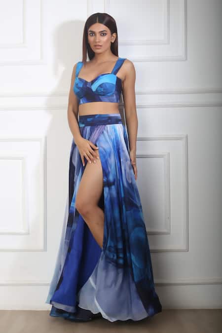 Buy_Harshita Singhvi_Blue Chiffon, Crepe Sweetheart Neck Printed Bralette And Slit Skirt Set_Online_at_Aza_Fashions