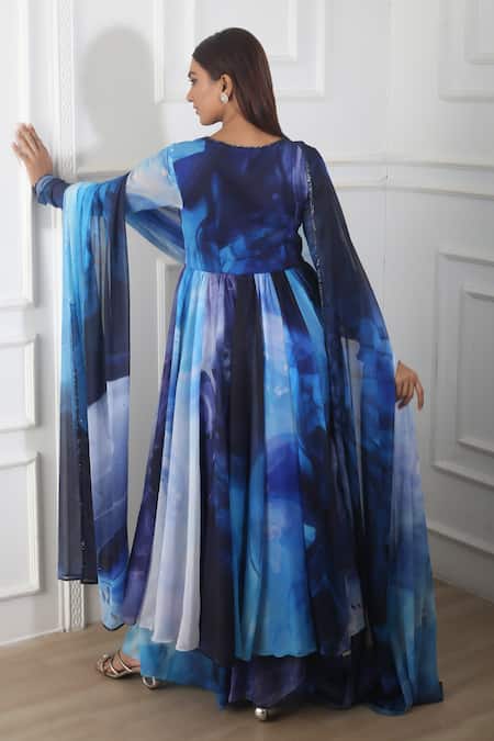 Shop Harshita Singhvi Blue Crepe, Chiffon Cut Work, Sequins V-neck Printed Anarkali Palazzo Set at Aza Fashions Shop_Harshita Singhvi_Blue Crepe, Chiffon Cut Work, Sequins V-neck Printed Anarkali Palazzo Set_at_Aza_Fashions