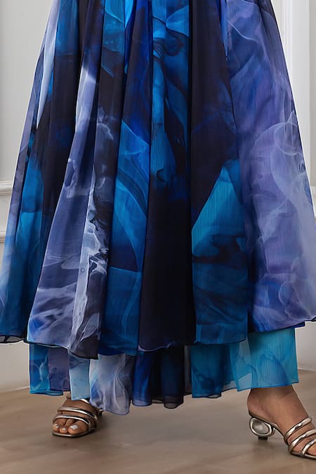 Harshita Singhvi Blue Crepe, Chiffon Cut Work, Sequins V-neck Printed Anarkali Palazzo Set Online at Aza Fashions Harshita Singhvi_Blue Crepe, Chiffon Cut Work, Sequins V-neck Printed Anarkali Palazzo Set_Online_at_Aza_Fashions