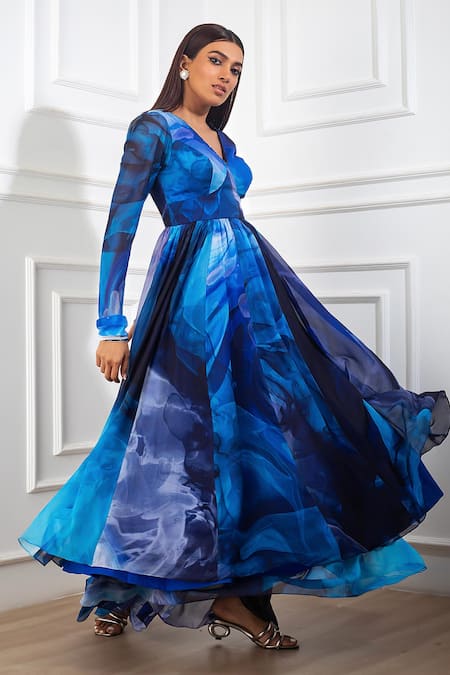 Buy Harshita Singhvi Blue Crepe, Chiffon Cut Work, Sequins V-neck Printed Anarkali Palazzo Set Online at Aza Fashions Buy_Harshita Singhvi_Blue Crepe, Chiffon Cut Work, Sequins V-neck Printed Anarkali Palazzo Set_Online_at_Aza_Fashions