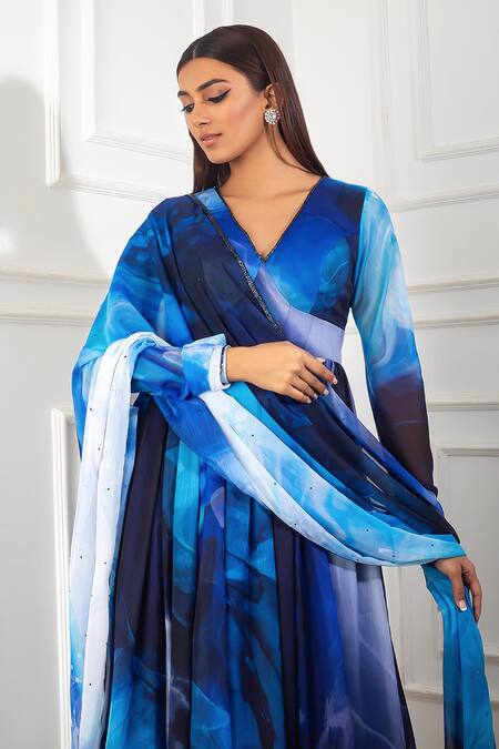 Shop Harshita Singhvi Blue Crepe, Chiffon Cut Work, Sequins V-neck Printed Anarkali Palazzo Set Online at Aza Fashions Shop_Harshita Singhvi_Blue Crepe, Chiffon Cut Work, Sequins V-neck Printed Anarkali Palazzo Set_Online_at_Aza_Fashions