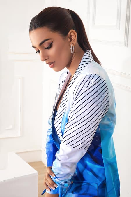 Shop_Harshita Singhvi_Blue Crepe, Linen, Net Sequins Sweetheart Neck Printed Blazer Skirt Set_Online_at_Aza_Fashions