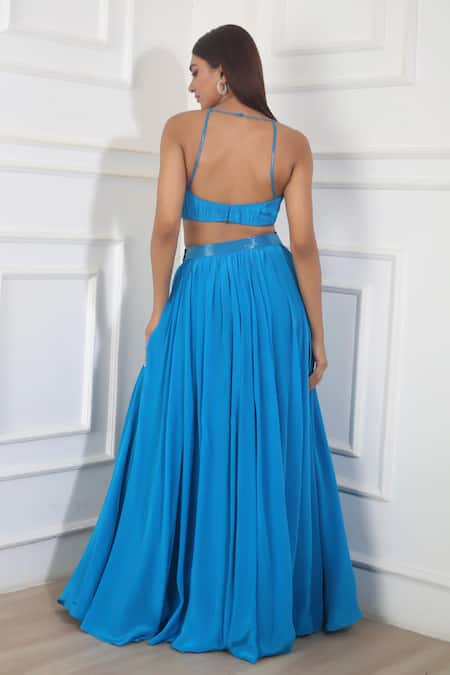 Shop_Harshita Singhvi_Blue Crepe, Linen Cut Work Halter Neck Ruched Sleeveless Crop Top And Skirt Set _at_Aza_Fashions