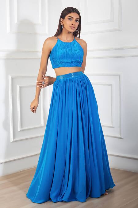 Harshita Singhvi_Blue Crepe, Linen Cut Work Halter Neck Ruched Sleeveless Crop Top And Skirt Set _Online_at_Aza_Fashions