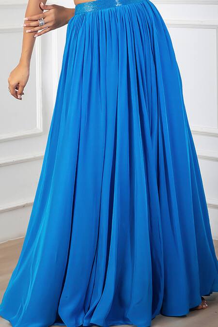 Buy_Harshita Singhvi_Blue Crepe, Linen Cut Work Halter Neck Ruched Sleeveless Crop Top And Skirt Set _Online_at_Aza_Fashions