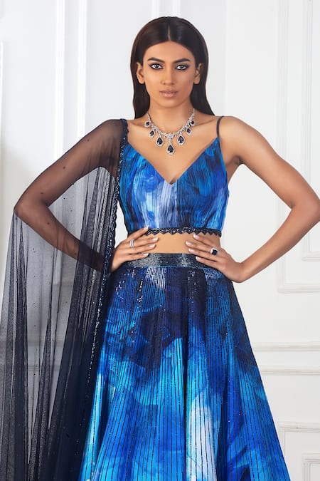 Buy_Harshita Singhvi_Blue Chiffon, Net, Crepe Sequins, Cut Work Hand Embroidered Triangle Lehenga Set_Online_at_Aza_Fashions
